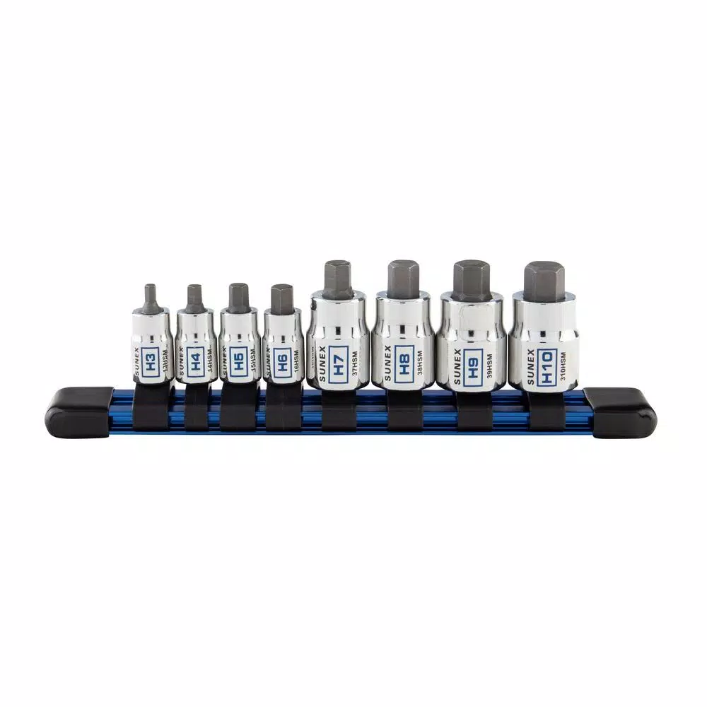 SUNEX TOOLS 1/4 in. and 3/8 in. Drive Metric Chrome Stubby Hex Bit Socket Set with Rail (8-Piece) and#8211; XDC Depot