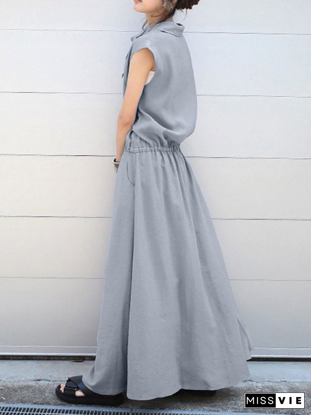 Solid Drawstring Waist Pocket Button Front Maxi Cargo Dress