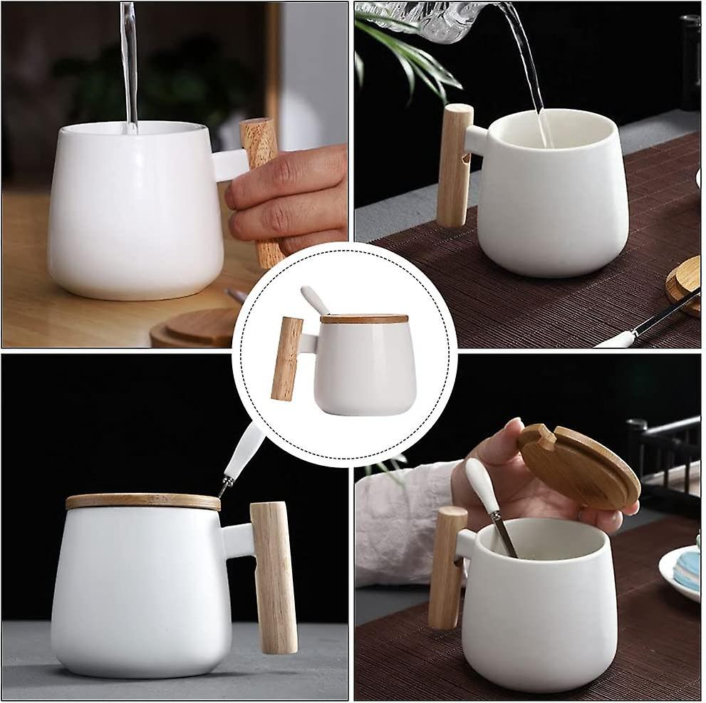 Ceramic Coffee Mug With Handle Lid And Spoon Coffee Cup With Wood Lid White Ceramic Mugs For Coffee Tea Or Milk