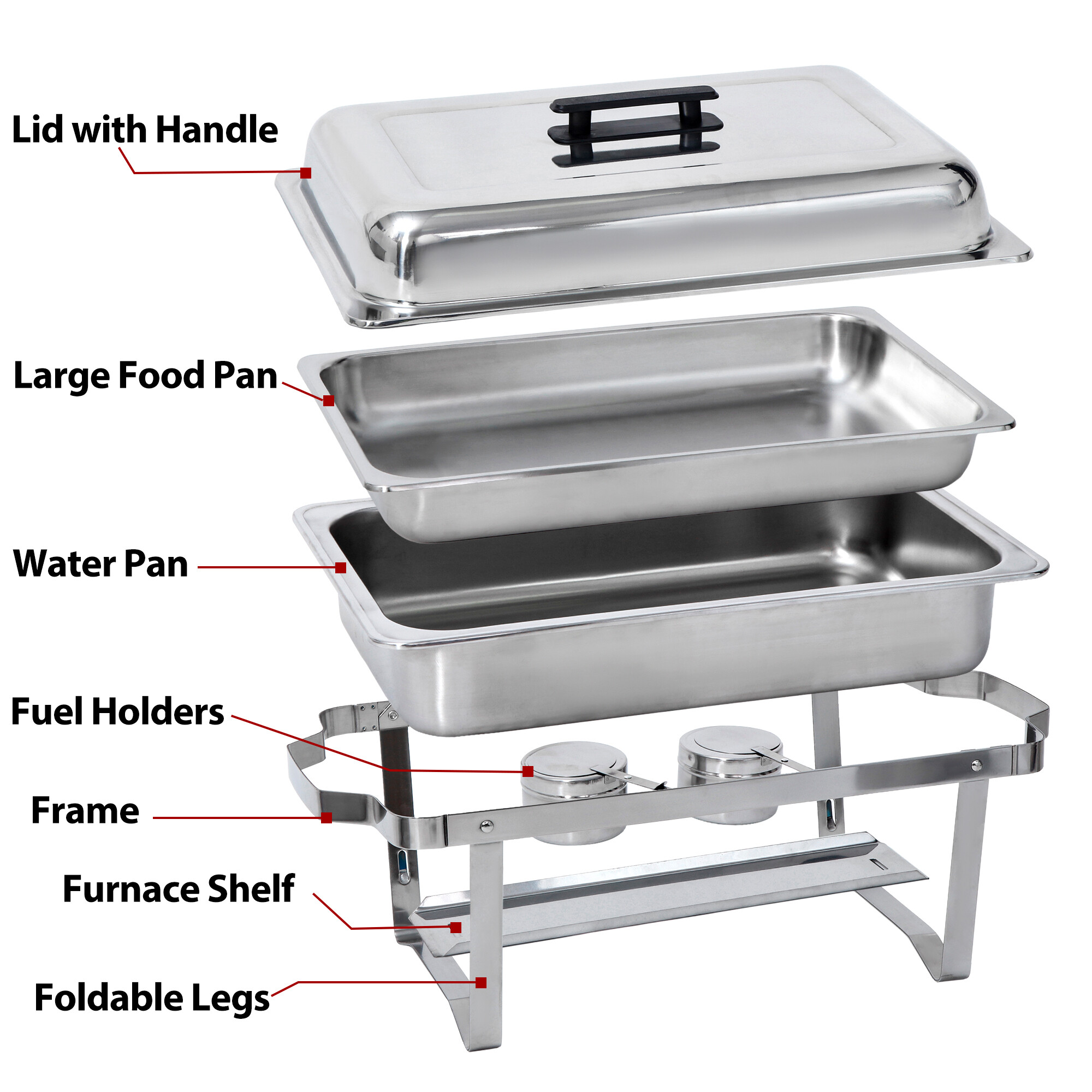 SuperDeal 8 Quart Stainless Steel Chafing Dish Silver Rectangle Foldable for Buffet Catering， 4pcs