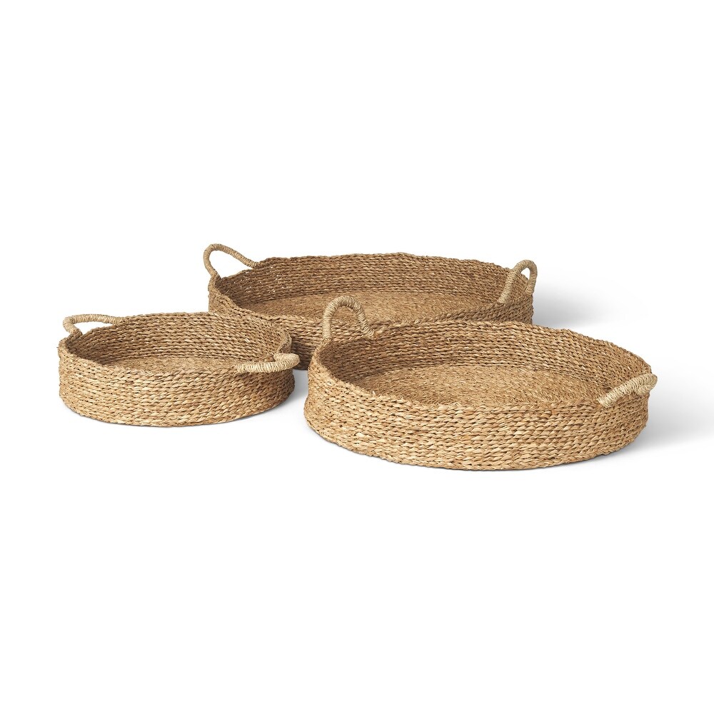 Ulana Brown Seagrass Round Nesting Trays With Handles (Set of 3)   26.4L x 26.4W x 3.9H