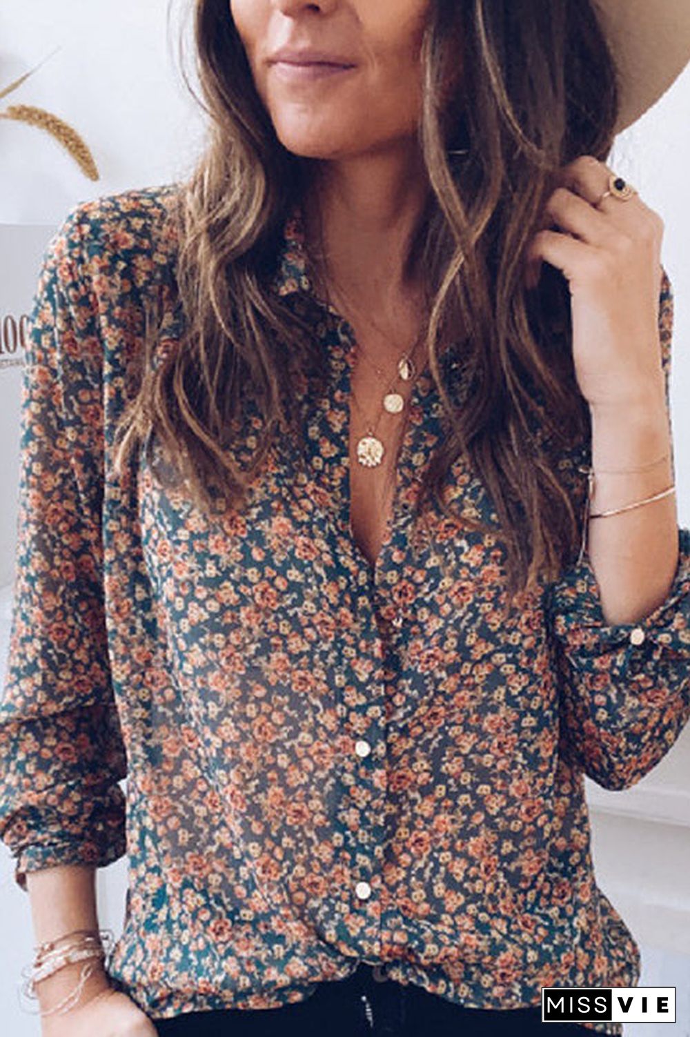 Print Button Long Sleeve Blouse