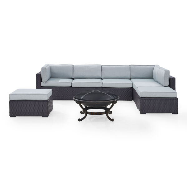 Biscayne 7 Person Outdoor Wicker Seating Set in Mist - Two Loveseats， One Armless Chair， Two Ottomans， Ashland Firepit