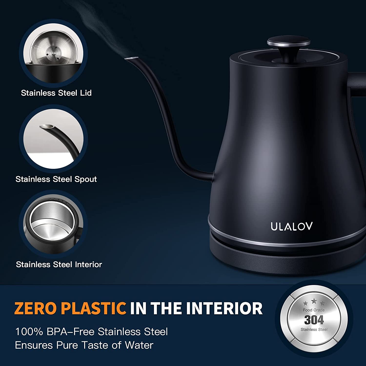 Ulalov Electric Gooseneck Kettle Ultra Fast Boiling Hot Water Kettle 100% Stainless Steel for Pour-over Coffee and Tea， Leak-Proof Design， Auto Shutoff Anti-dry Protection， 1200W-0.8L， Matte Black