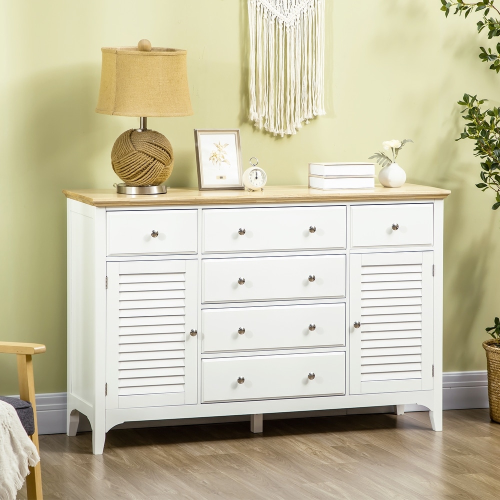 HOMCOM Modern Sideboard with Drawers  Buffet Cabinet with Storage Cabinets  Rubberwood Top and Adjustable Shelves  White