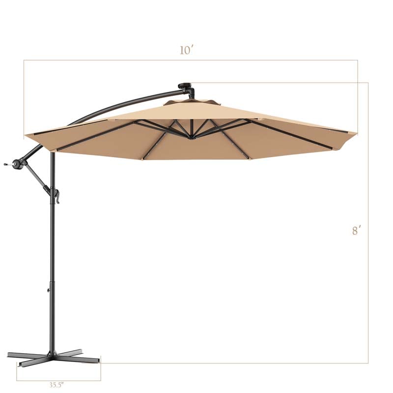 10 FT Offset Patio Umbrella with Solar LED Lights & Cross Base, Large Outdoor Cantilever Umbrella for Sun Rain