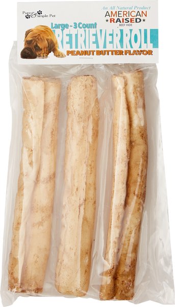 Pure and Simple Pet Peanut Butter Flavored Rawhide Retriever Roll Dog Treat， Large