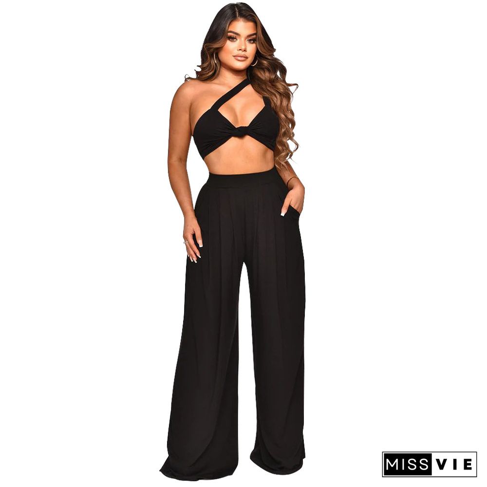 Skew Collar Crop Top Wide Leg Pants Two Piece Set