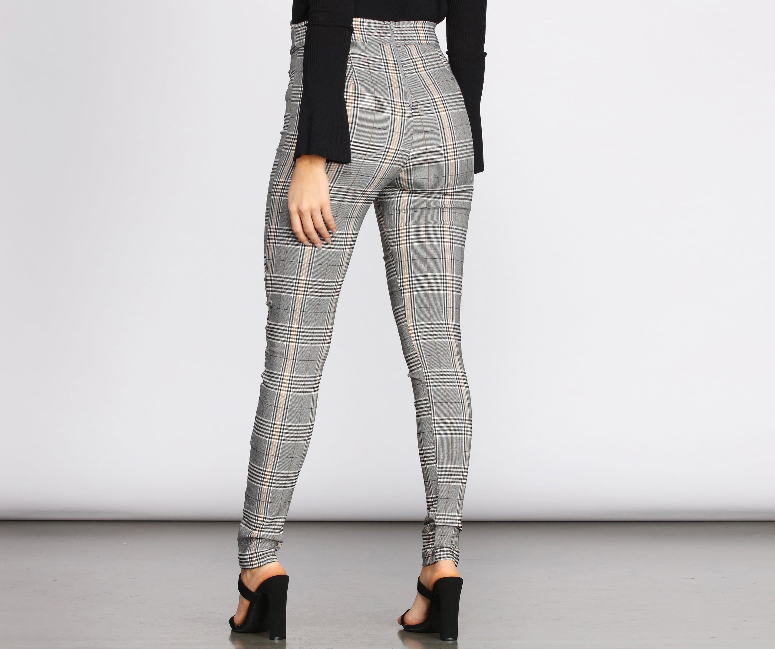 High Rise Tie Waist Plaid Skinny Pants