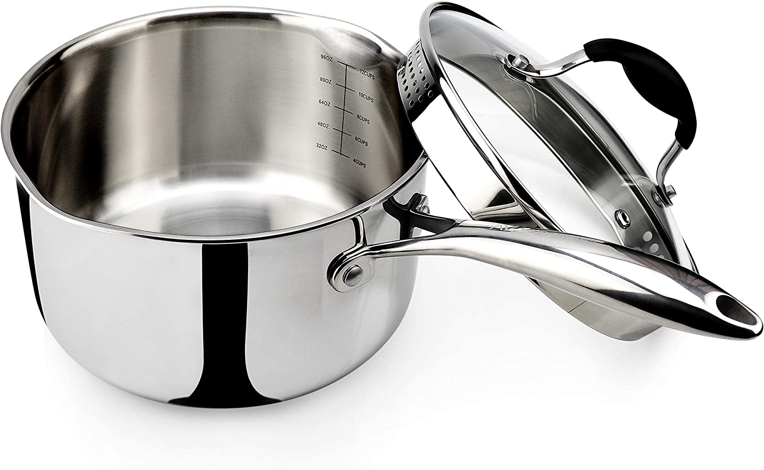 AVACRAFT Tri-Ply Stainless Steel Saucepan with Glass Strainer Lid， Two Side Spouts， Multipurpose Sauce Pan with Lid， Sauce Pot， Cooking Pot (Tri-Ply Full Body， 3.5 Quart)