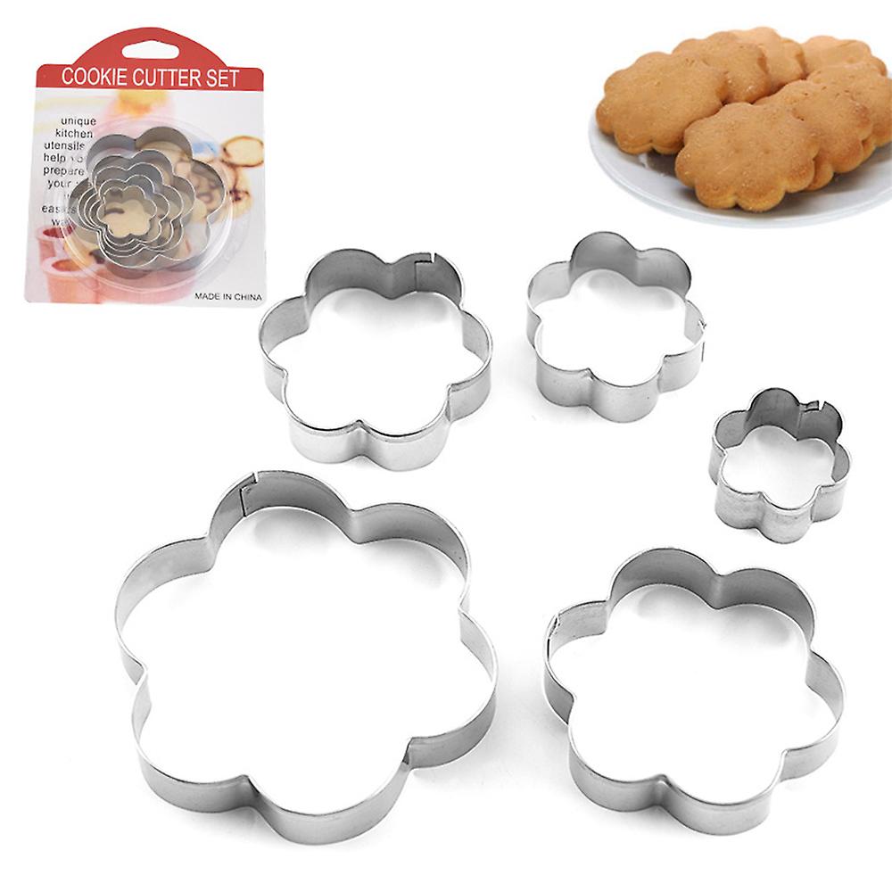 Silver Baking Metal Molds Cookie Baking Mold Set Stainless Steel Flower Shape Biscuit Cutters Kitchen Gadgets Baking Tool For Diy Baking Dessert 5pcs/