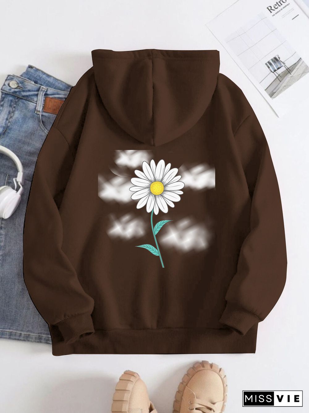 Printed on the Back Kangaroo Pocket Hoodie Long Sleeve for Women Pattern Flower