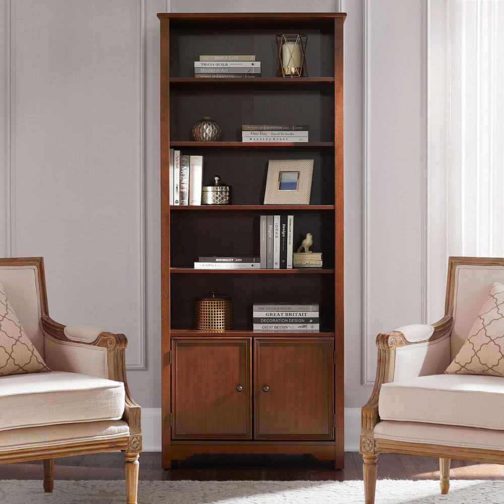 Home Decorators Collection Bradstone 72 in. Walnut Brown Wood Open Bookcase with 2 Doors JS-3427-C