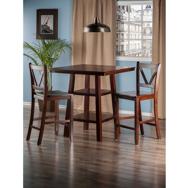 3 Walnut Finish Solid Wood High Table 2 V-Back Counter Stools Set 36”