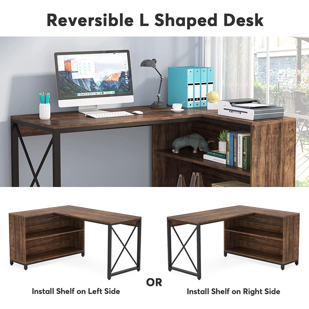 Industrial L Shaped Desk with Storage Shelves  Corner Computer Desk PC Laptop Study Table Workstation