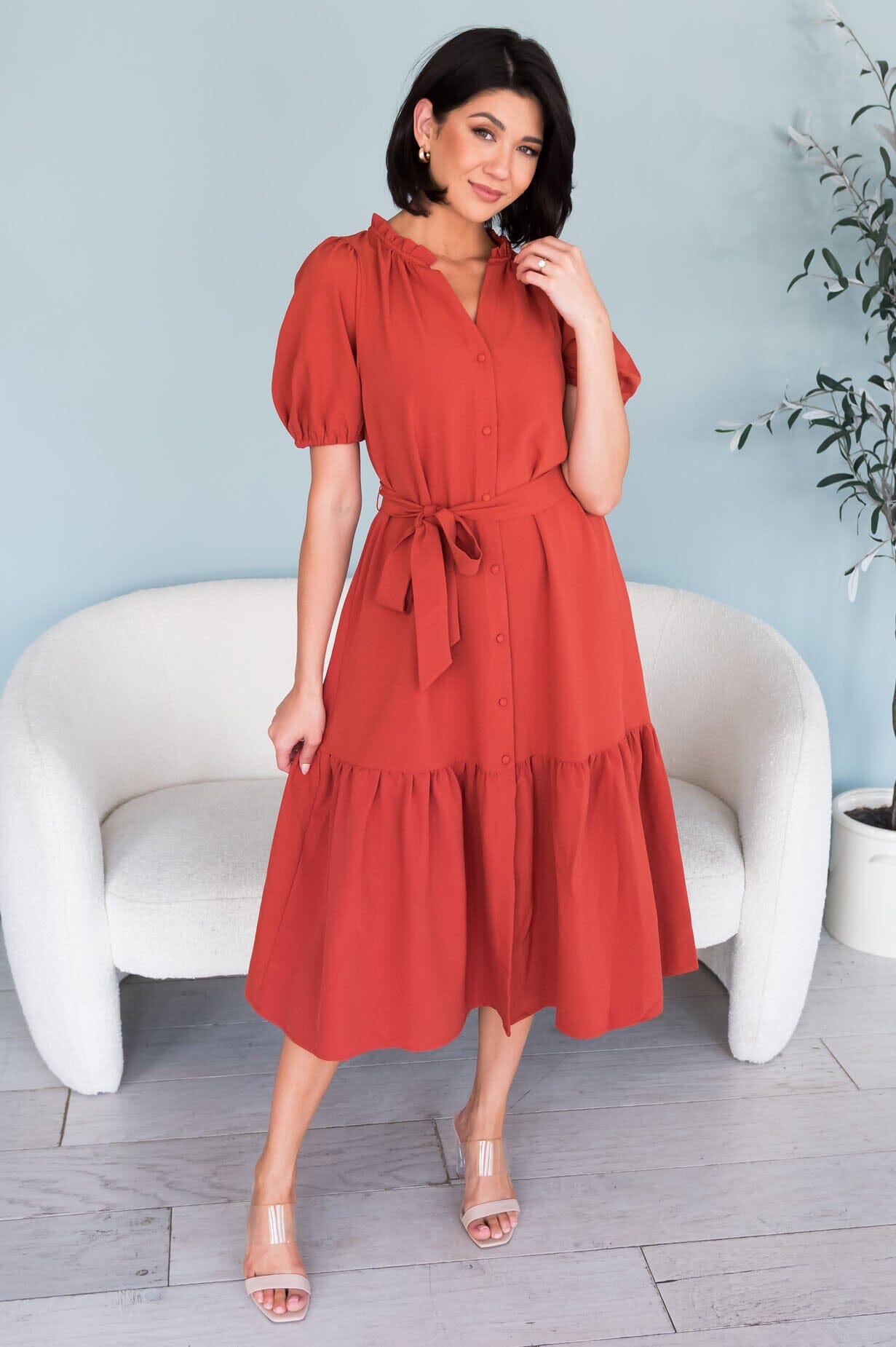 Alaska V-neck Puff Sleeve Spring Dress-Persimmon Red