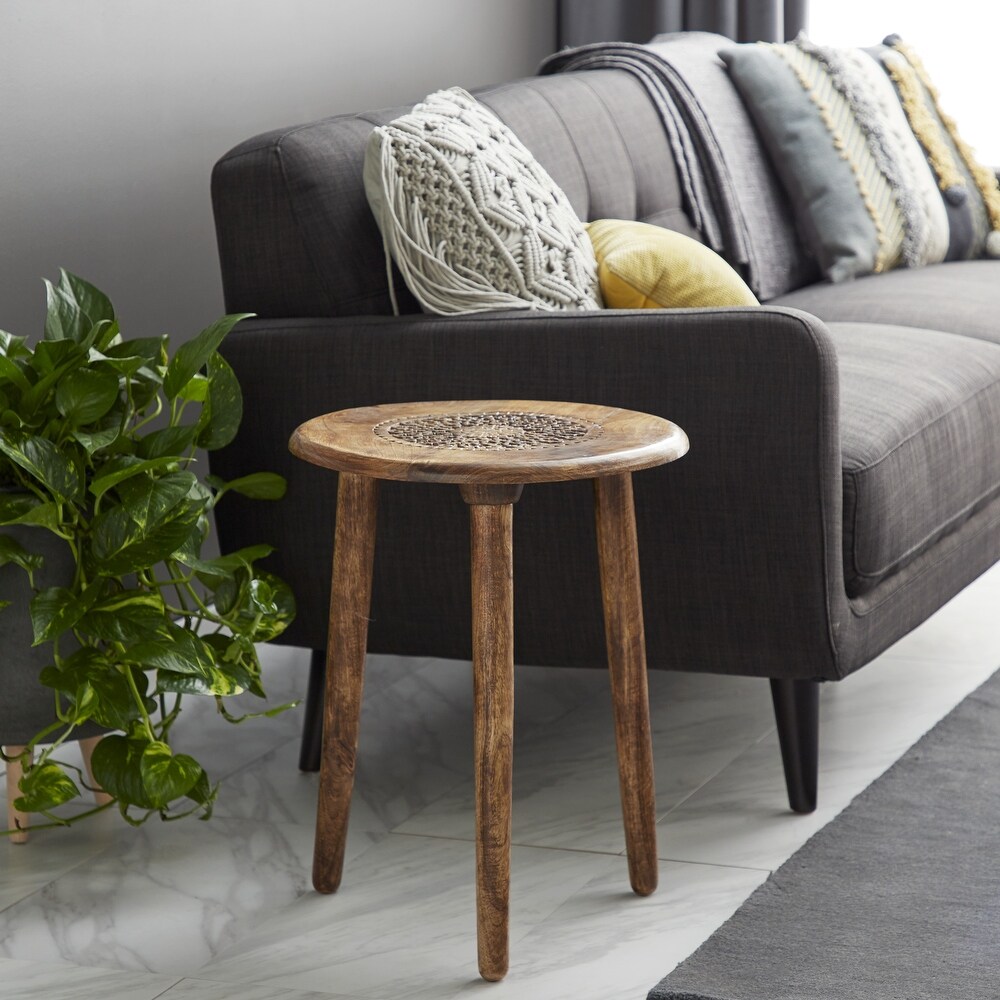 Wood Handmade Intricately Carved Floral Accent Table with 3 Slender Legs
