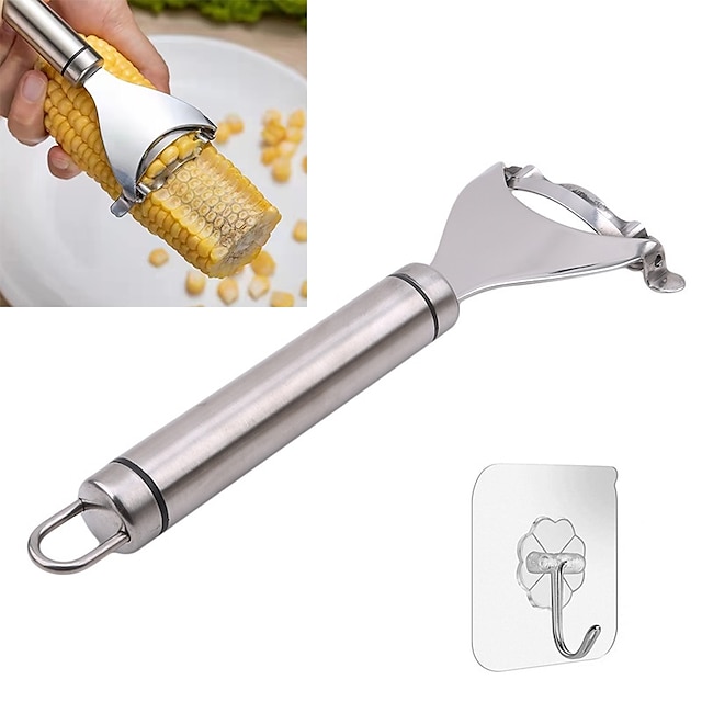 Stainless Steel Corn Stripper with Self-adhesive Hook Corns Threshing Corn Thresher Stripper Peeler Corn Kerneler Peeler Fruit Vegetable Kitchen Gadgets