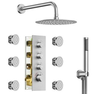 GRANDJOY Luxury Thermostatic 7-Spray Wall Mount 12 in. Fixed and Handheld Shower Head 2.5 GPM in Brushed Nickel 125 SRM6379NI-12BL