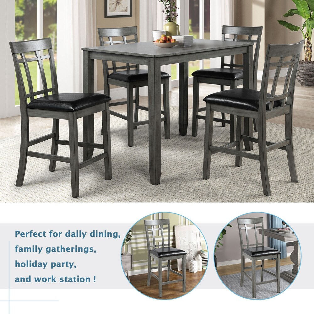 5 Piece Vintage Wood Dining Table Set  Rectangular Counter Height Table and 4 Upholstered Chairs