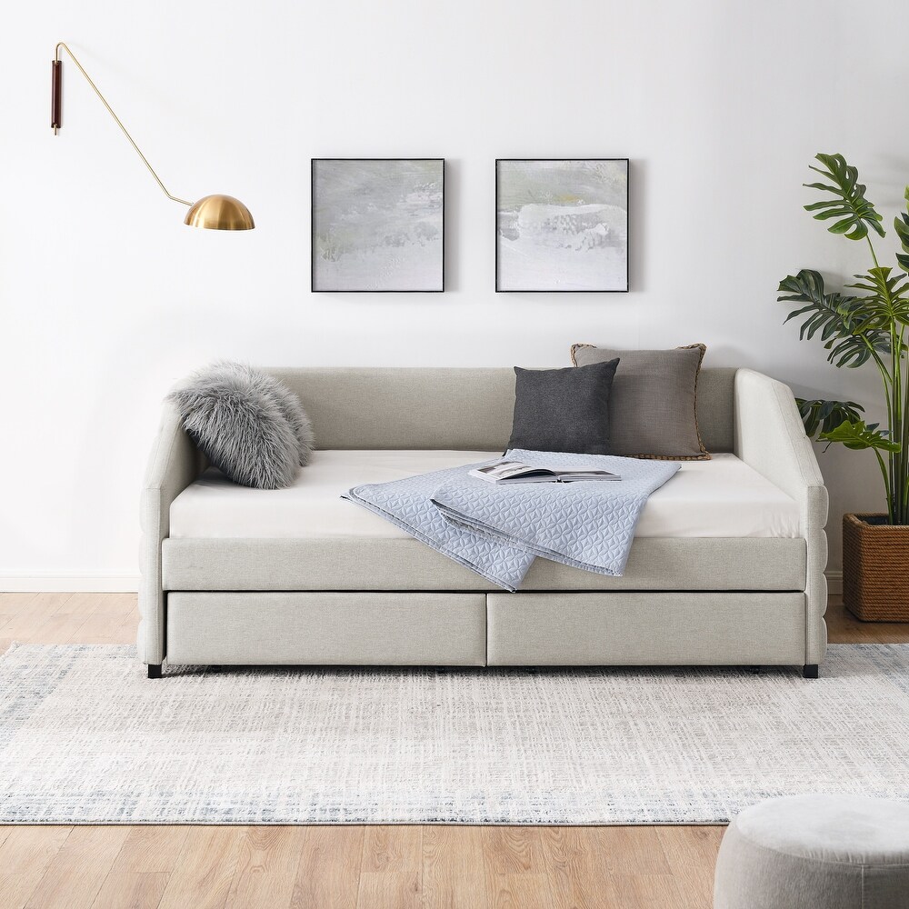 Linen Fabric Tufted Daybed with Drawers