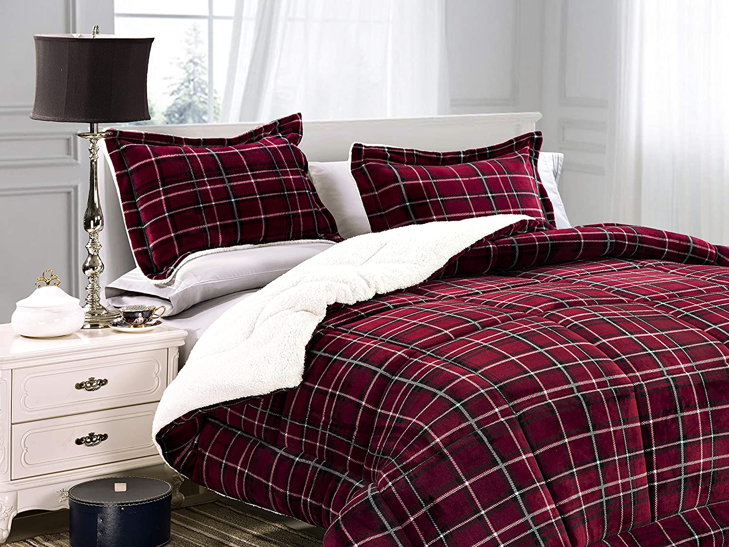 Softest Heavy Weight Plaid Pattern Micromink Sherpa-Backing Down Alternative Micro-Suede 3-Piece Reversible Comforter Set