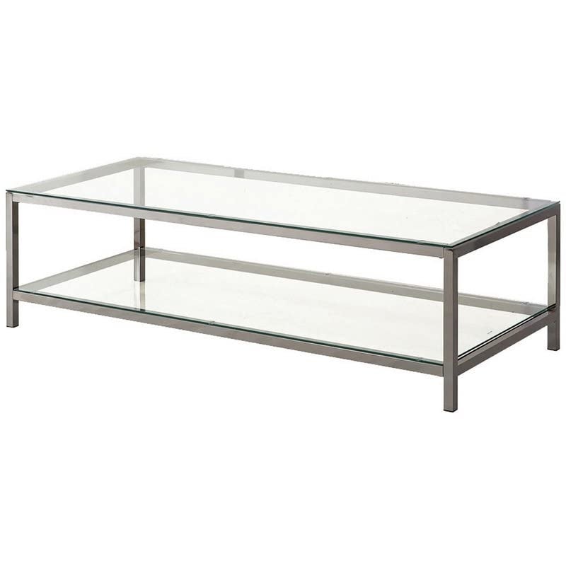 Glass Top Coffee Table with Metal Frame and Open Shelf， Silver - as picture