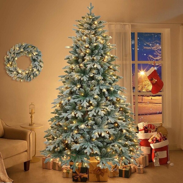 7ft Lighted Artificial Christmas Tree with 1300 Branches，Durable Metal Stand，Easy Assembly，Hinged Xmas Tree