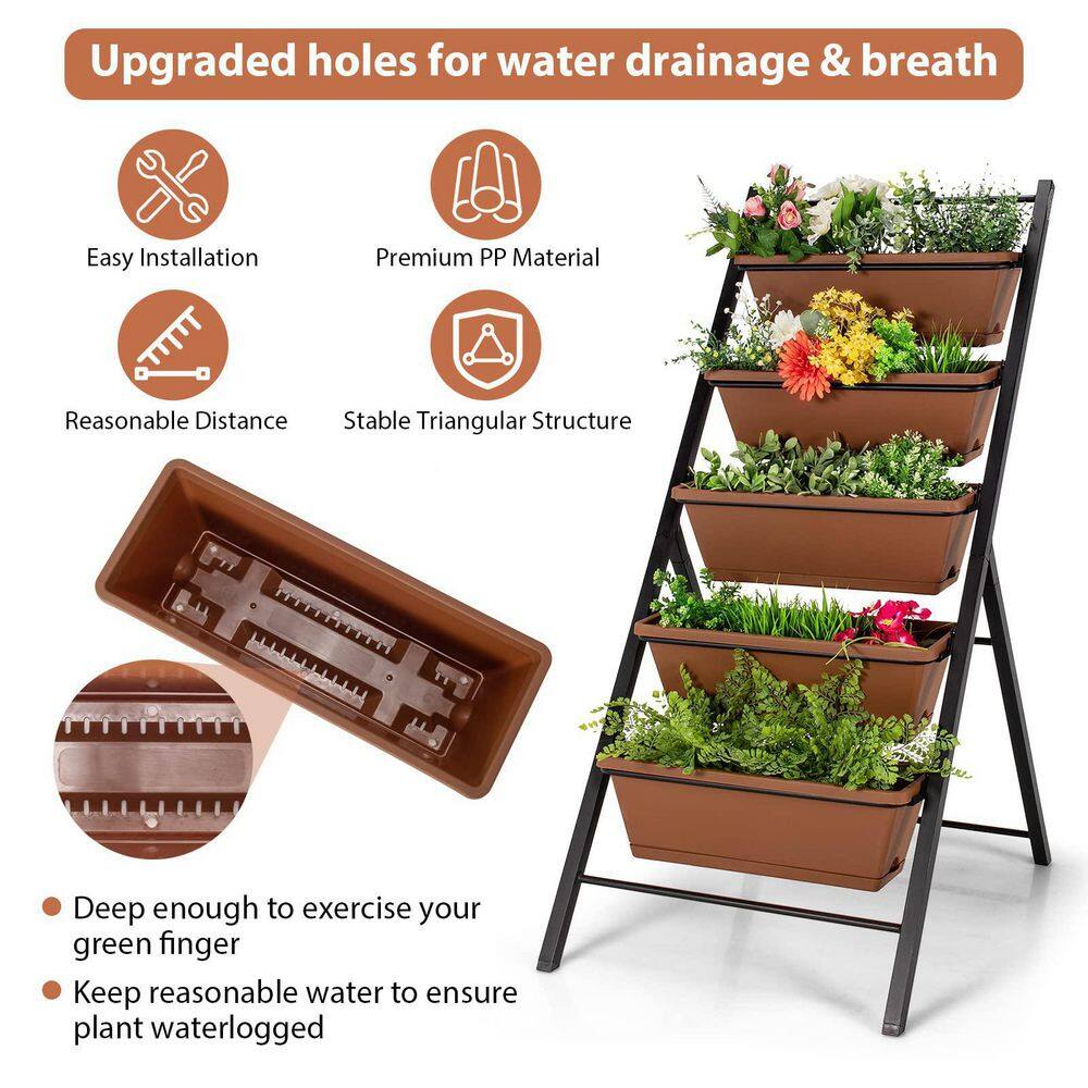 Alpulon 22.5 in. L x 29 in. W x 48.5 in. H 5-Tier Brown Plastic Vertical Planter Box Elevated Raised Bed ZY1C0340-1