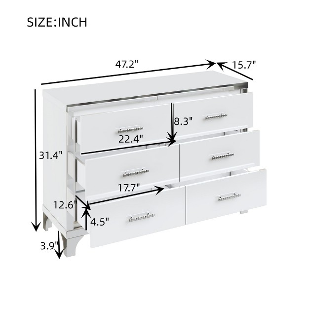 Modern High Gloss Dresser With Metal Handle Storage Cabinet With 6 Drawers White modernluxe