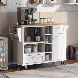 White Solid Wood Desktop Floor Standing Kitchen Island Cart On 2 Locking Wheels with Microwave Cabinet and Towel Rack kitchen-wy01bai