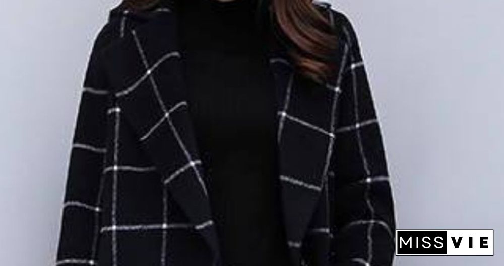 Winter Black Woolen Plaid Two Piece Sets Outfits Women Plus Size Long Coat And Pants Suits Elegant Fashion Office Sets