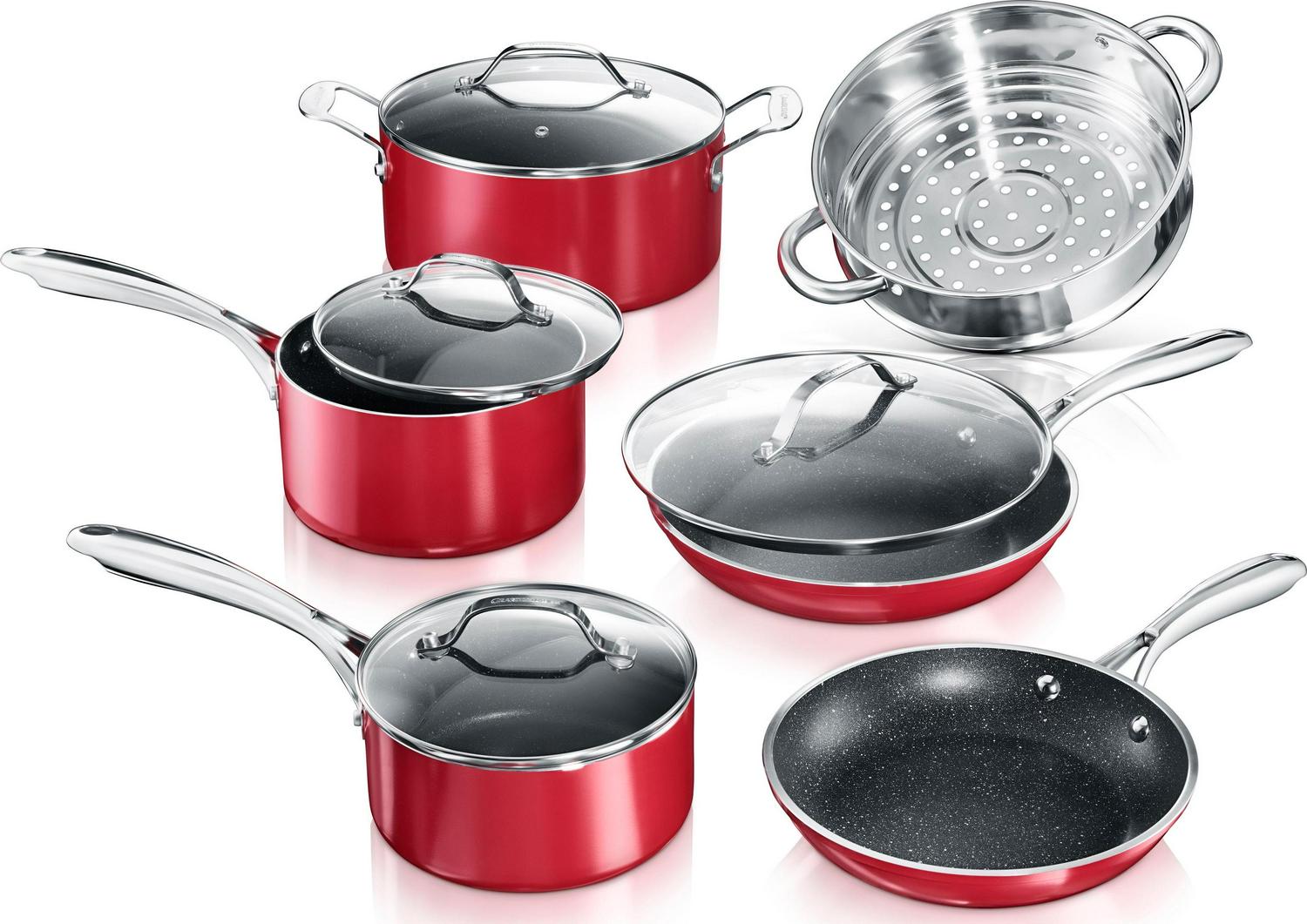 Granite Stone 10-Piece Non-stick Pots and Pans Cookware Set， Ultimate Durability and Non-stick with Mineral and Diamond Triple Coated， Red