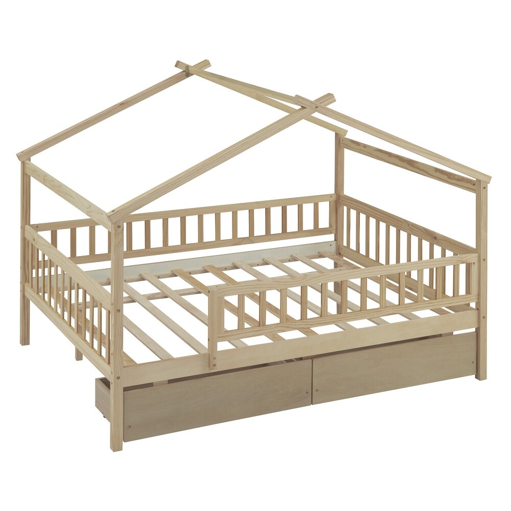 Full Size Wood Daybed with 2 Storage Drawers and Fence Guardrails  Kid's Bed with Wood Slats and House Shaped Frame