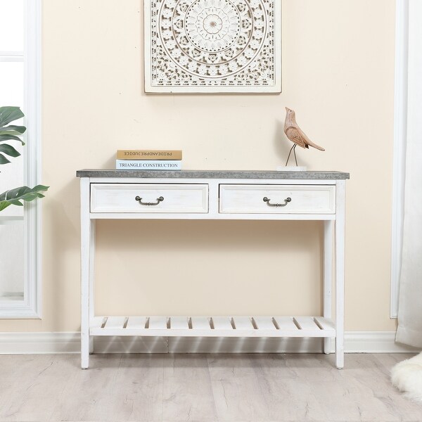 Farmhouse Distressed White Wood and Galvanize Top Console Table - 31.5