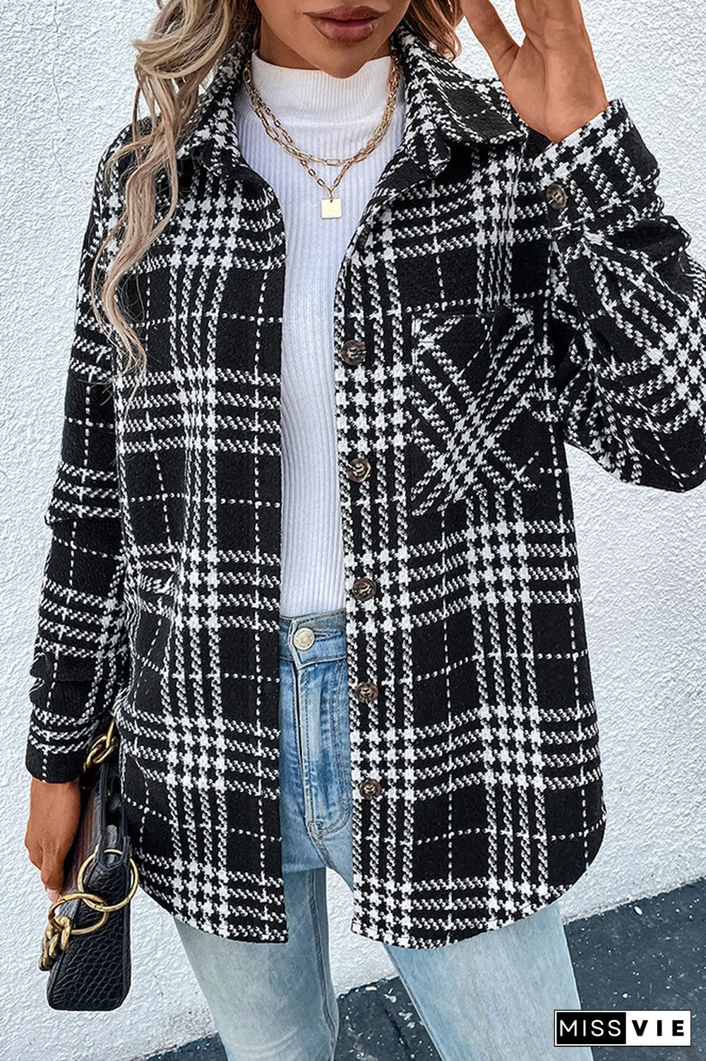 Black Plaid Pockets Button Jackets