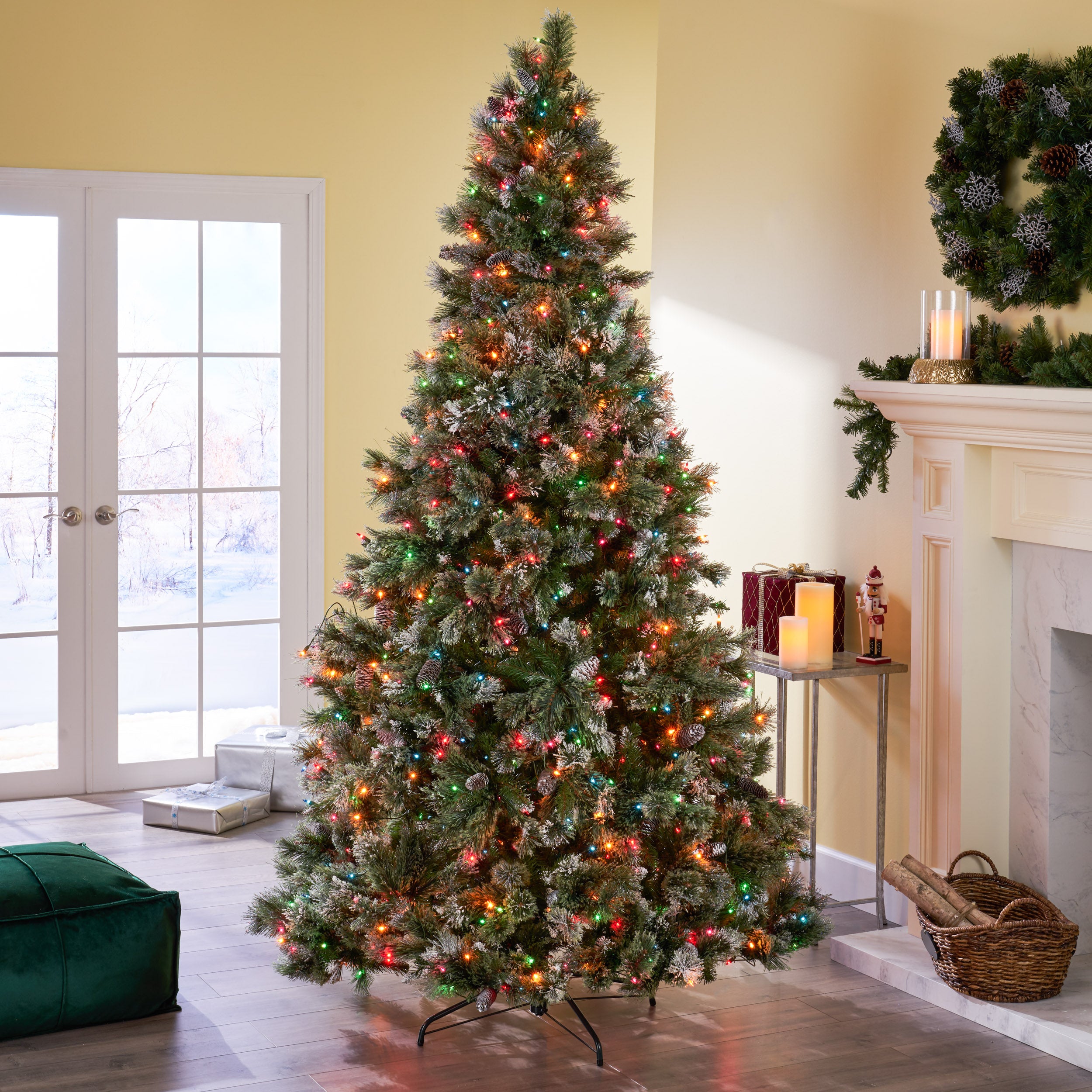 7.5-foot Cashmere Pine and Mixed Needles Hinged Artificial Christmas Tree with Snow and Glitter Branches and Frosted Pinecones