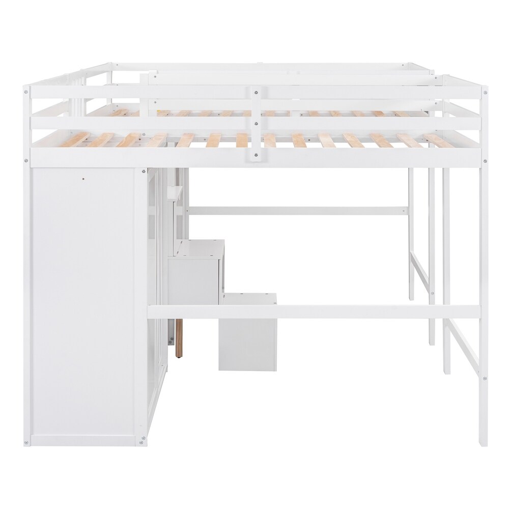 Wood Double Twin Size Loft Bed w/ Wardrobes   Storage Staircase Unisex