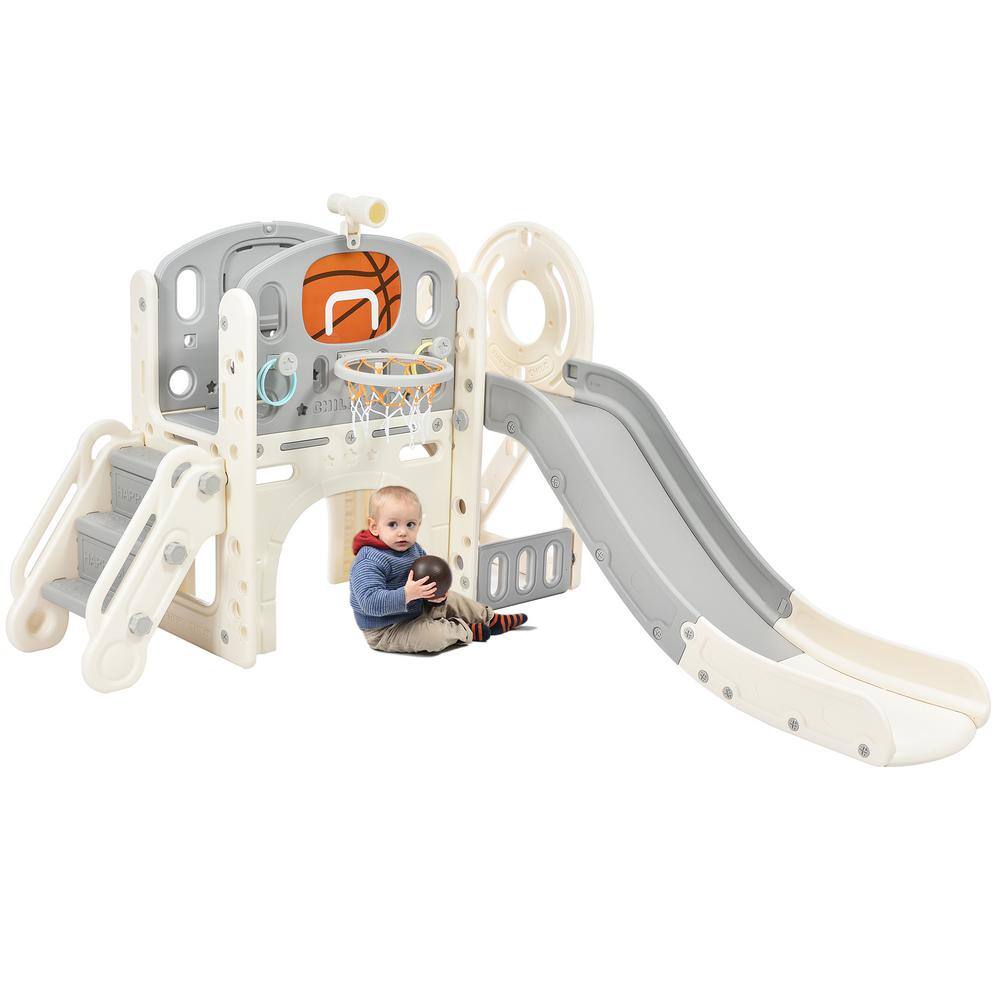 Tatayosi Gray Kids Slide Playset Structure with Slide Arch Tunnel Ring Toss and Basketball Hoop Toy Storage Organizer P-PP300683AAE