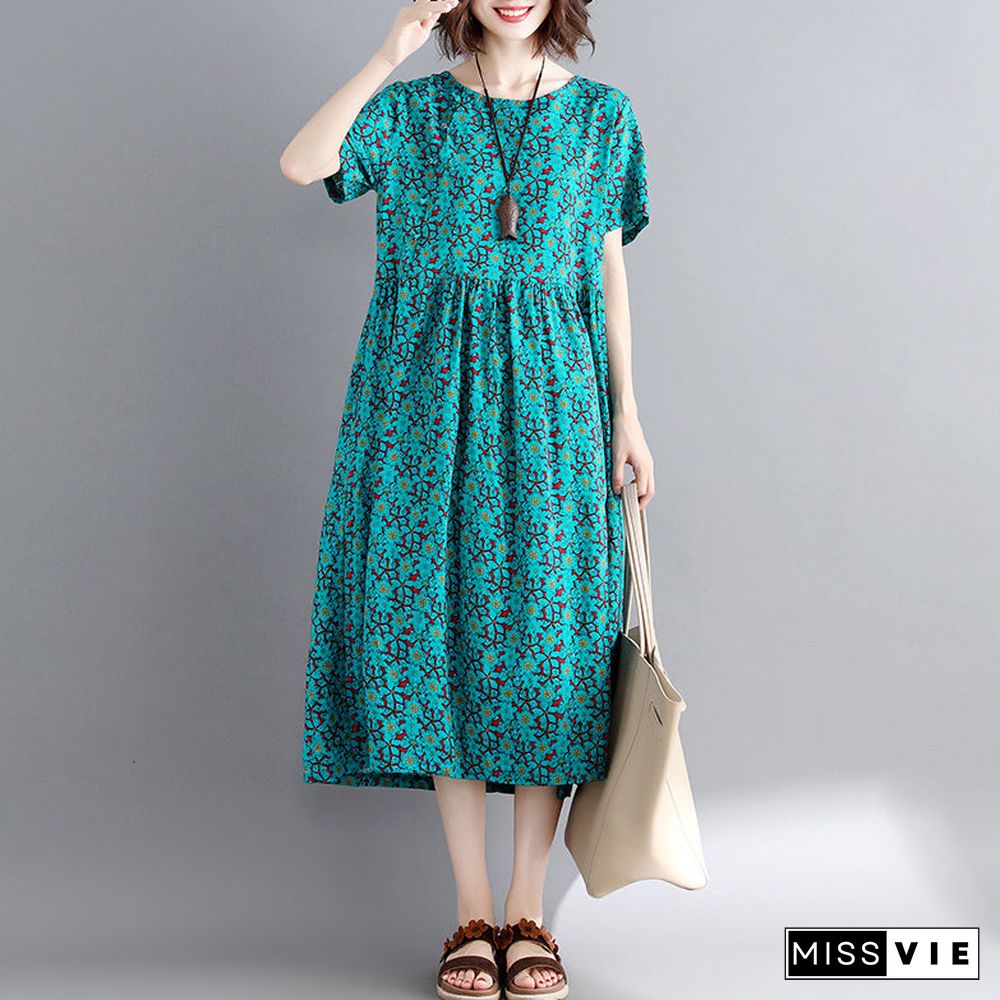 Elegant green print cotton linen maxi dress trendy plus size short sleeve long dresses New o neck clothing dresses