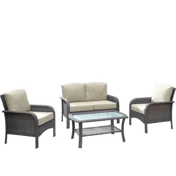 HOOOWOOO Outdoor 4piece Wicker Conversation Sofa Set with Glass Coffee Table