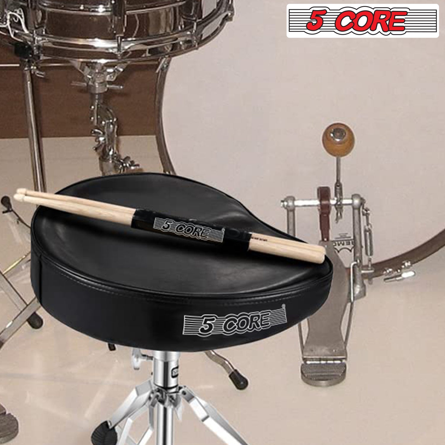 5 Core Drum Throne Saddle Black| Heavy Duty Height Adjustable Padded Comfortable Drum Seat| Stools Chair  Style with Double Braced Anti-Slip Feet and Two Drumsticks for Adults Drummers- DS CH BLK SDL HD