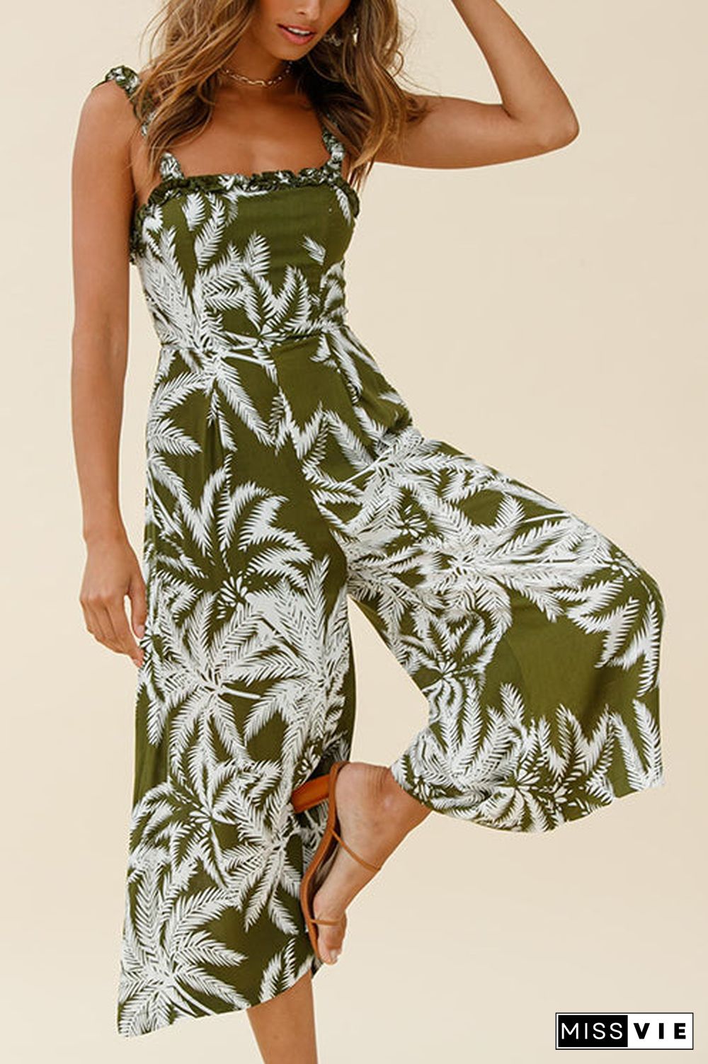 Palm Print Slip Wide Leg Jumpsuits