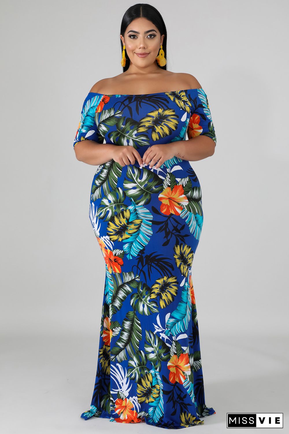 Green Off-the-shoulder Floral Print Plus Size Maxi Dress