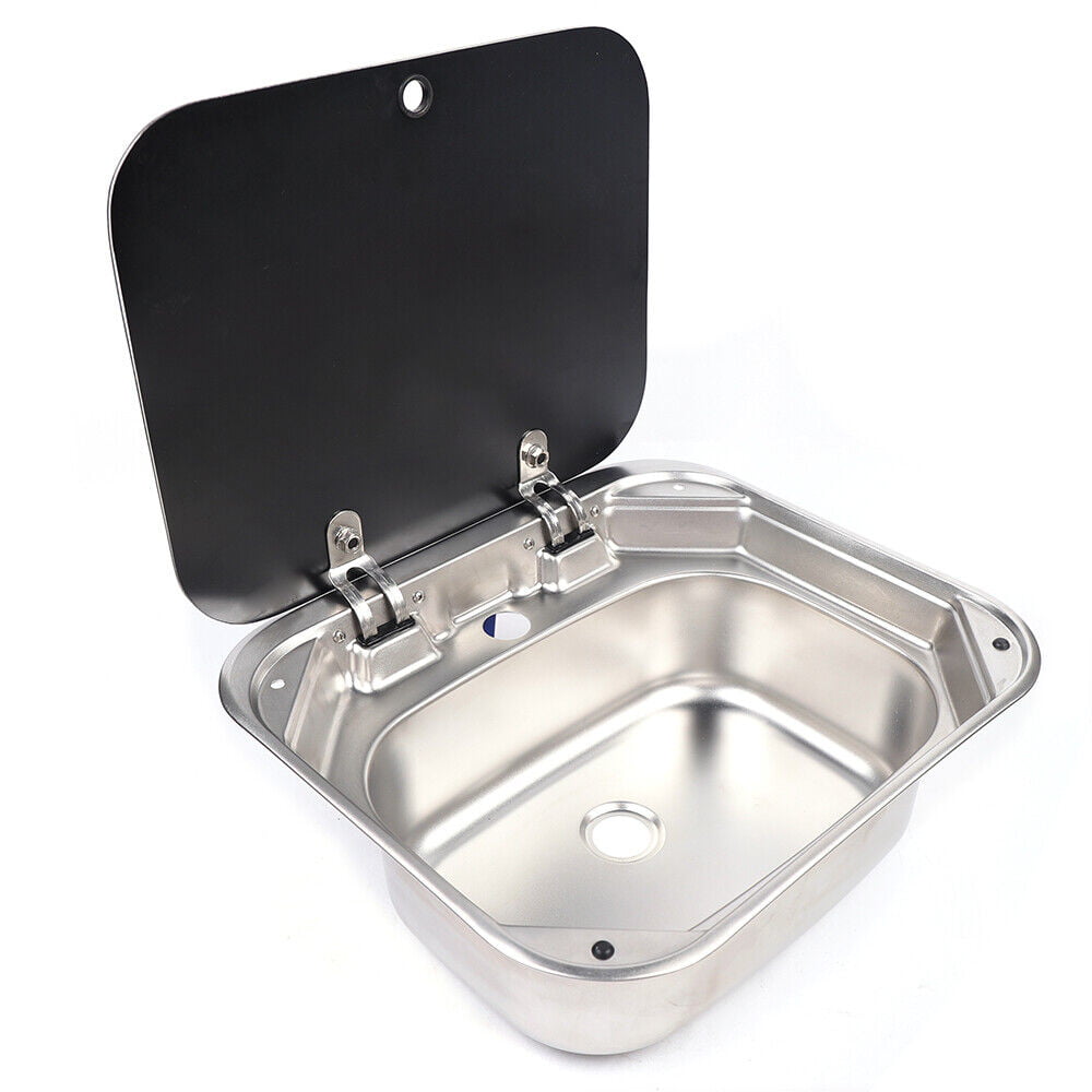 14.7" RV Caravan Camper Hand Wash Basin Black Kitchen Polishing Sink Stainless Steel W/ Lid & Faucet