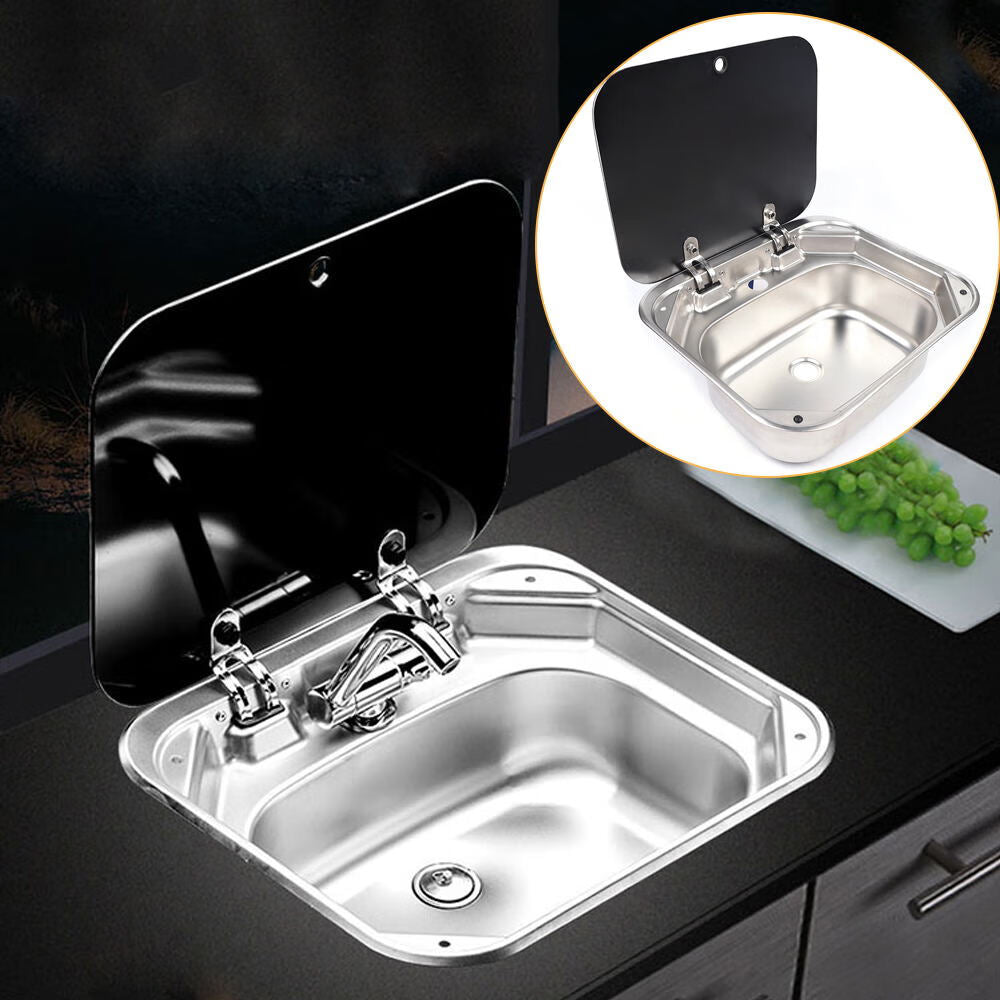 Wuzstar RV Caravan Sink Stainless Steel Hand Wash Basin Kitchen Sink w/ Lid&Faucet