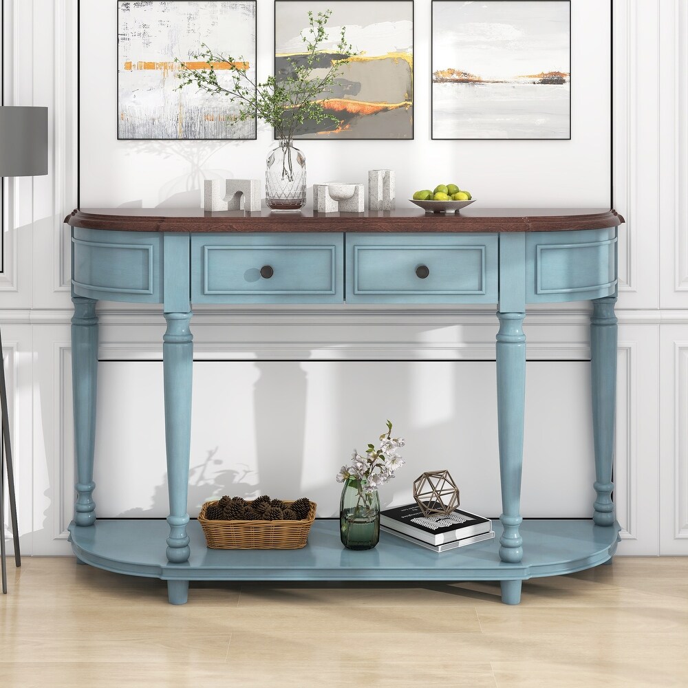 Semi Circle Curved Design Console Table with Open Style Solid Wood Frame   2 Drawers for Living Room