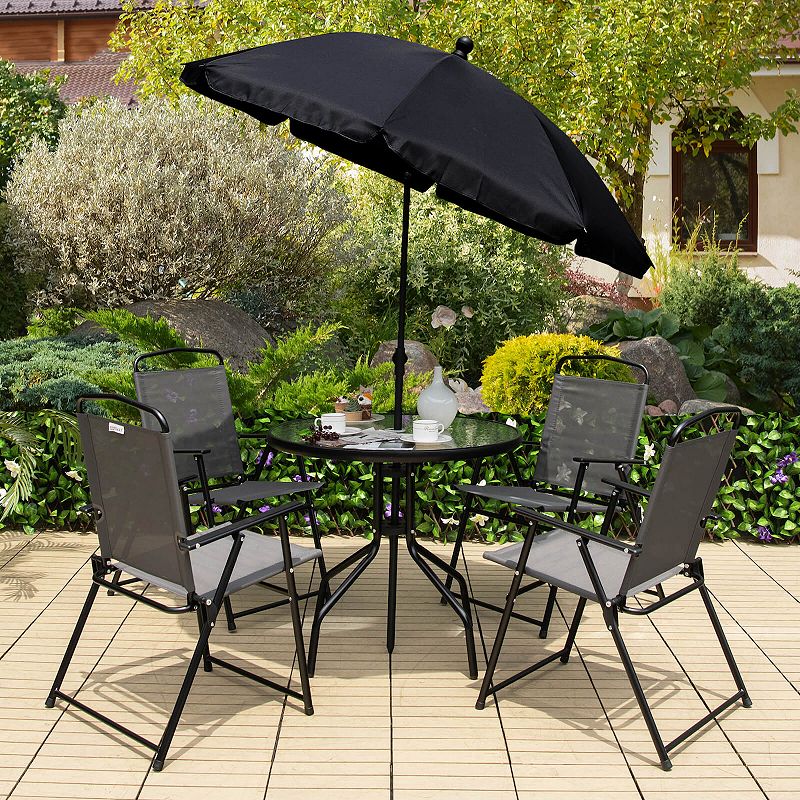 6 Pieces Patio Dining Set Folding Chairs Glass Table Tilt Umbrella For Garden-Grey