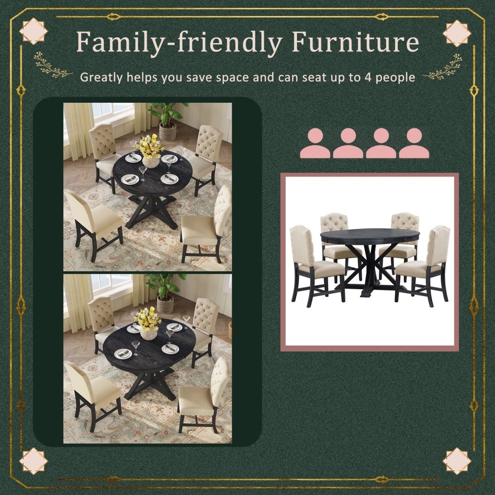 Retro Style Dining Table Set with Extendable Table and 4 Upholstered Chairs