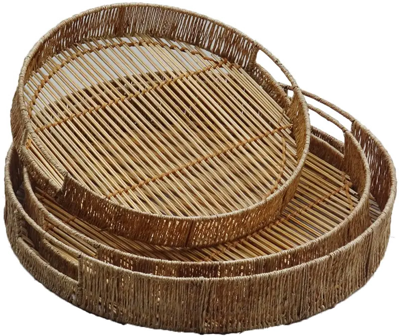 13 Inch Brown Round Rattan Tray with Cut Out Handles